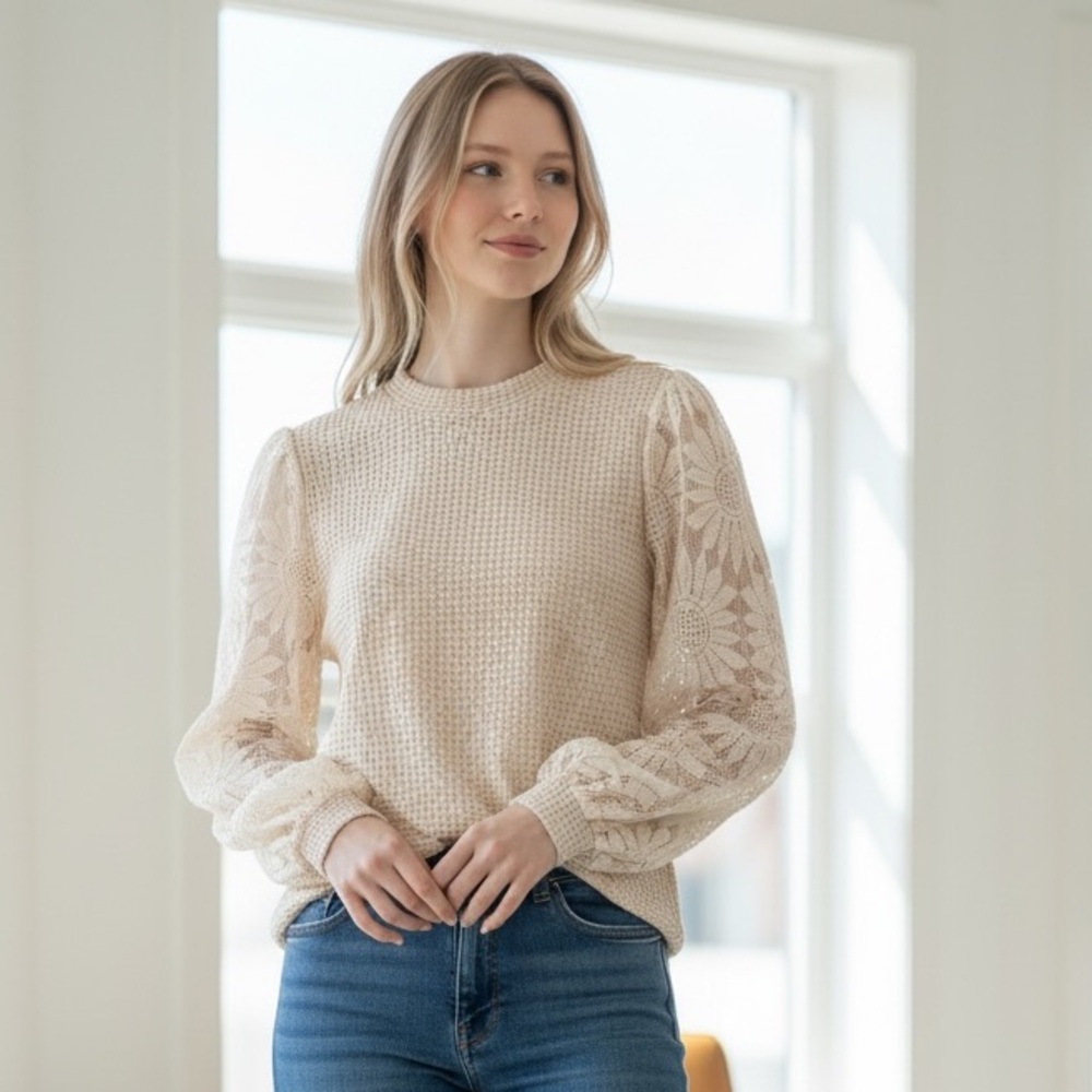 Women’s Waffle Knit Top with Shear Sleeves